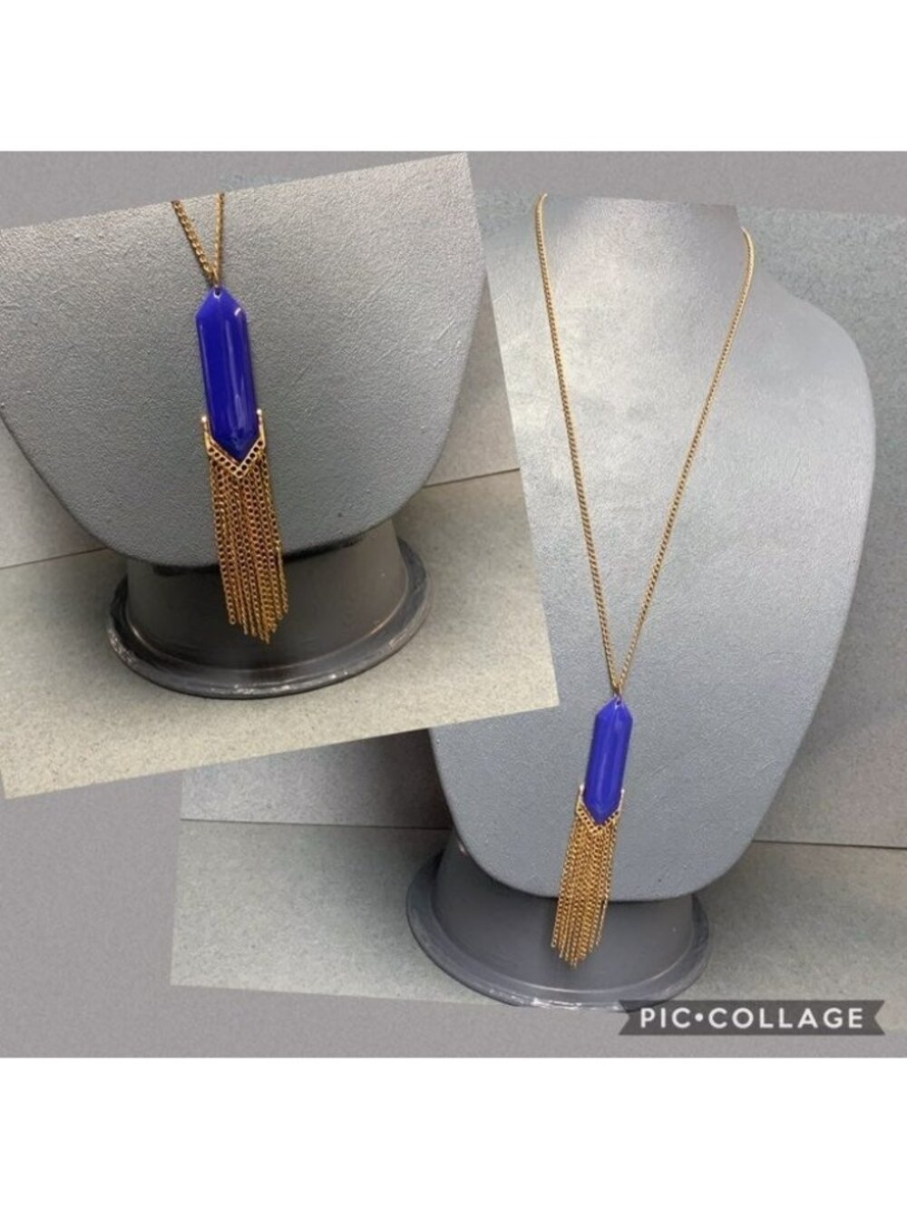 Glam Fringe Statement Necklace 28 In As Is Indigo Blue Purple Pendant Gold Chain